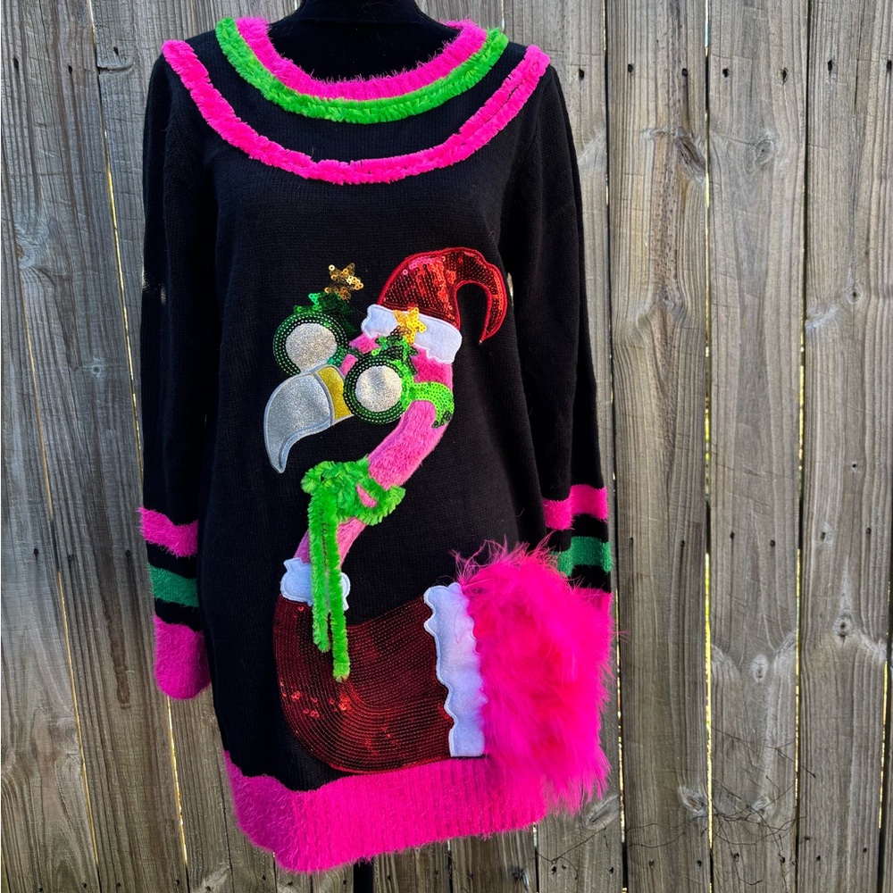 United States Sweaters Black & Pink Sassy Flamingo Christmas Sweater Size L